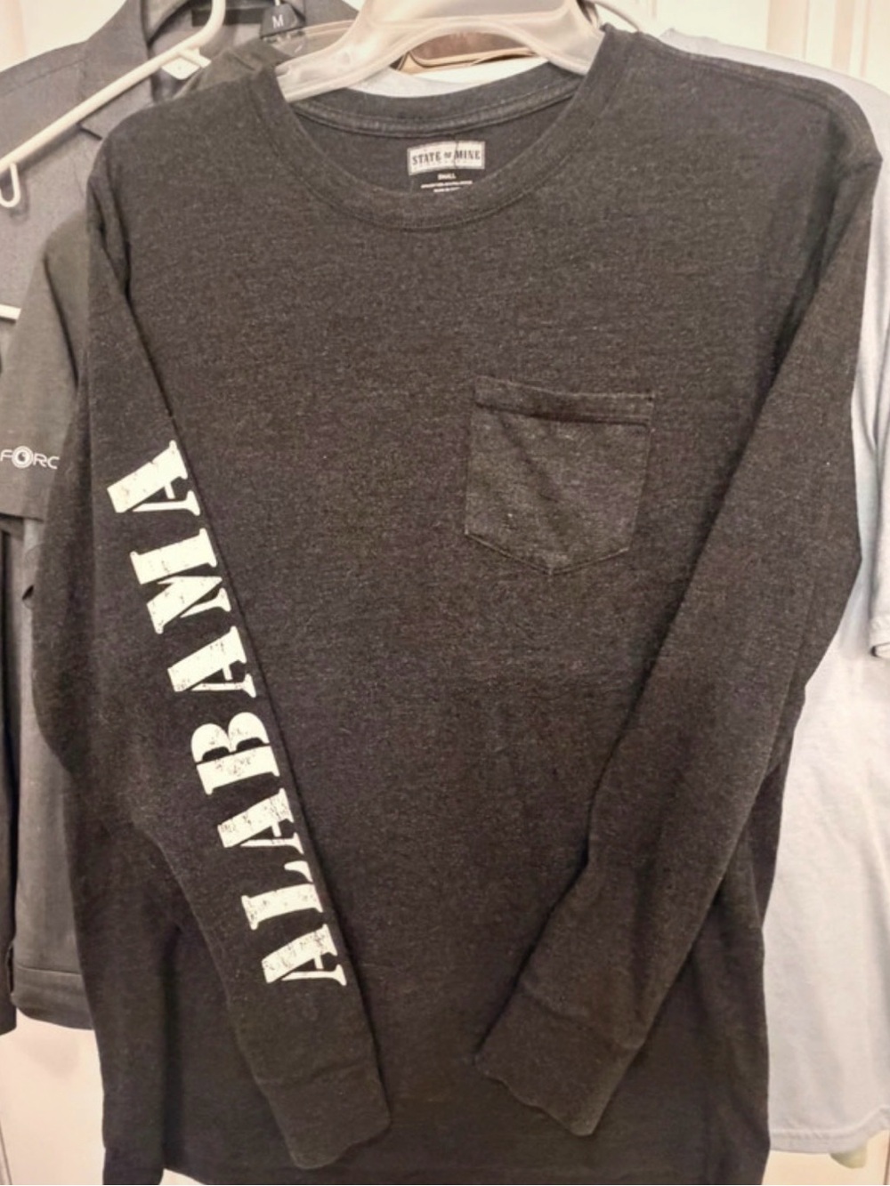 State of Mind Long-Sleeve Pocket Tee with Alabama Sleeve Print - Black & White
